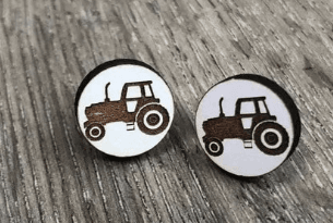 Earrings - White Circle with Tractor