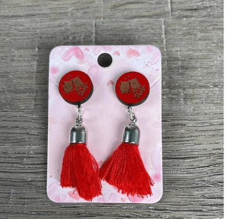Hanging Earrings - Red Circle with Two Birds