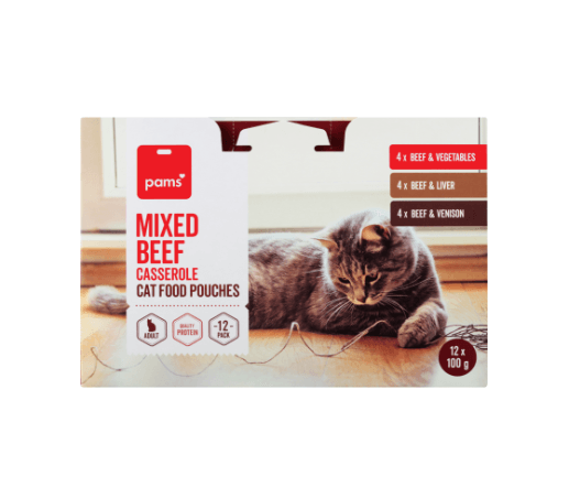 Pams Mixed Beef Casserole Cat Food Pouches 12 x 100g