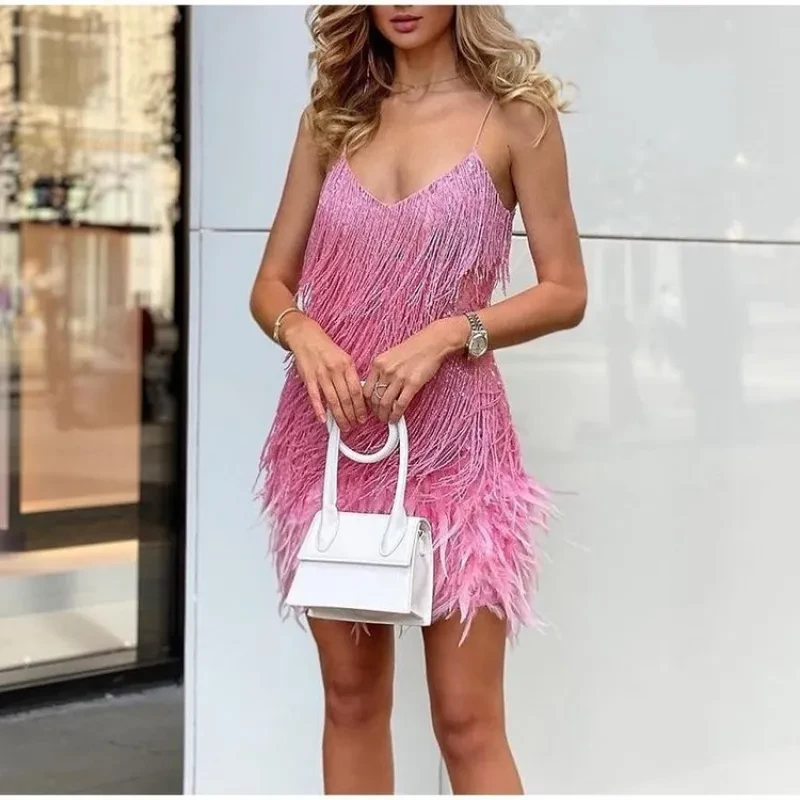 Deep V Sleeveless Tassel Dress