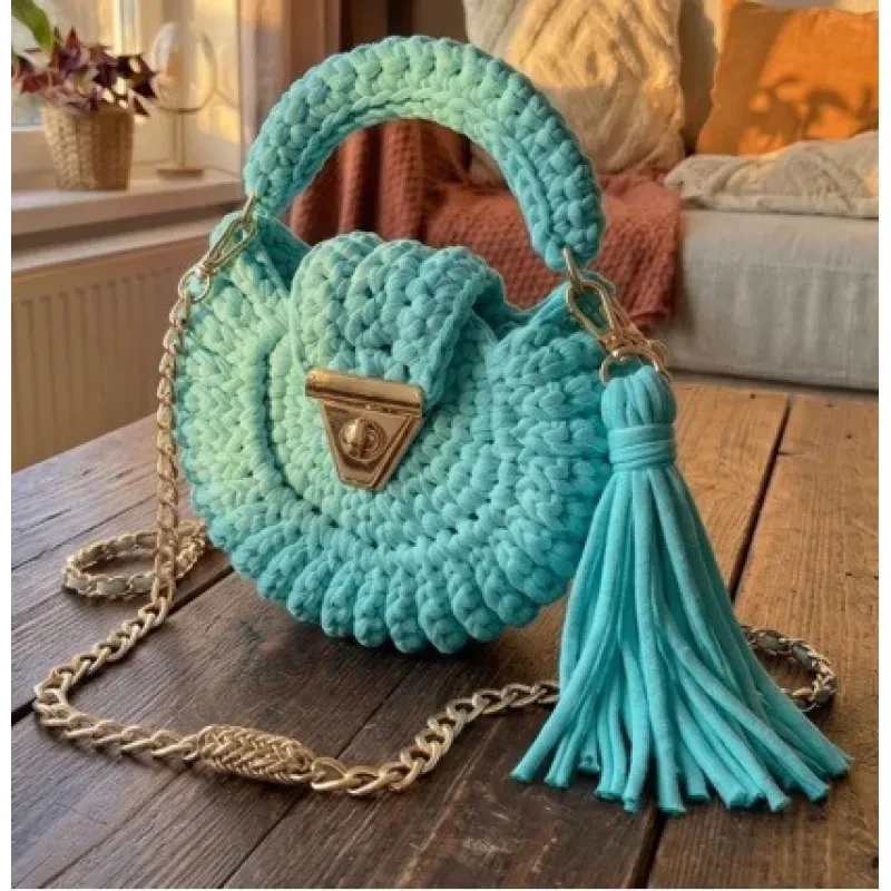 Bohemian Womens Solid-Colored Fabric-Strap Crochet Bag