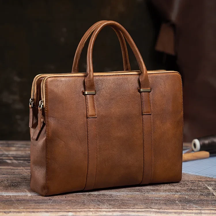 Vintage Vegetable Tanned Leather Men's First Layer Cowhide Casual Business Handbag