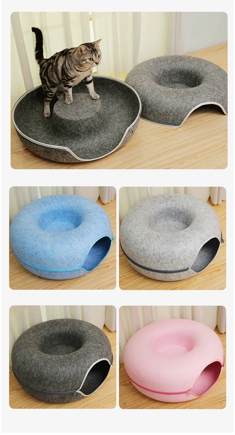 Four Seasons Available Cat Nest Round Woolen Felt Pet Dual-use Cat Nest Tunnel Interactive Training Toy Grey Felt Cat Nest