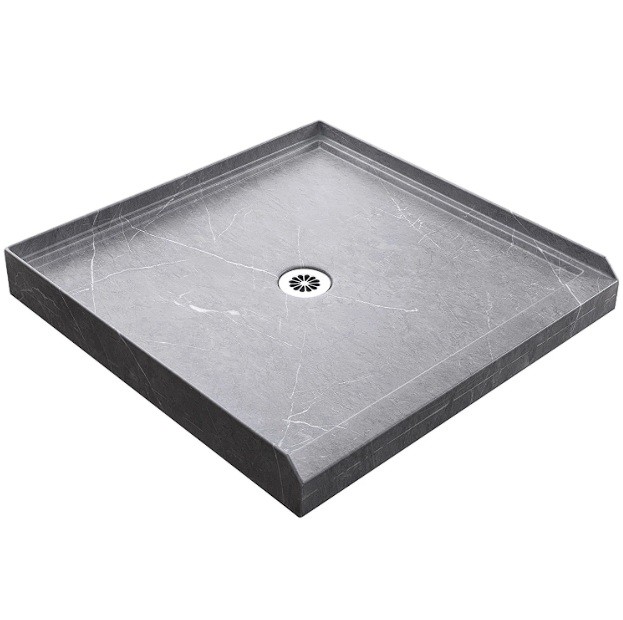 900mm 3-Sided Shower Tray Centre Waste - Grey Marble Look