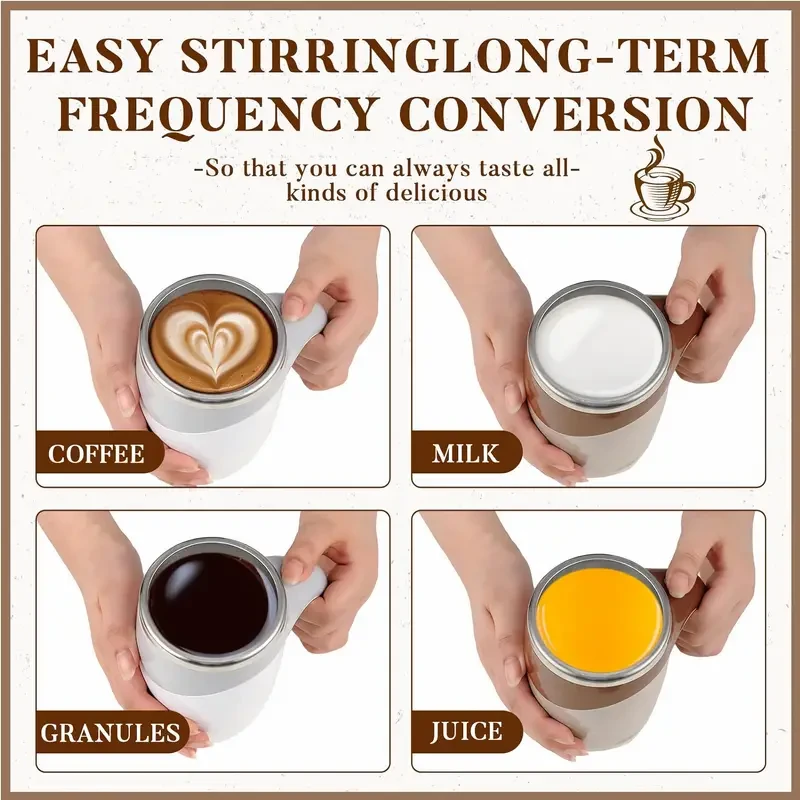Electric Magnetic Stirring Coffee Mug - Self Mixing Stainless Steel Travel Cup (12 oz, White)