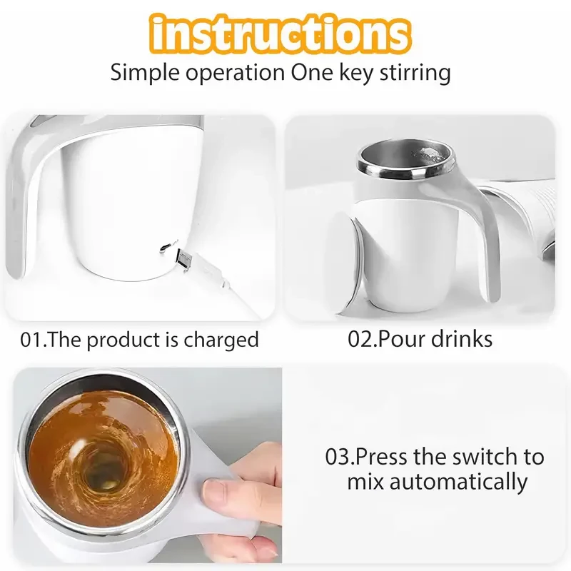 Electric Magnetic Stirring Coffee Mug - Self Mixing Stainless Steel Travel Cup (12 oz, White)
