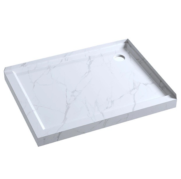 1200mm Rectangle Shower Tray Corner Waste White Marble Look - RHS
