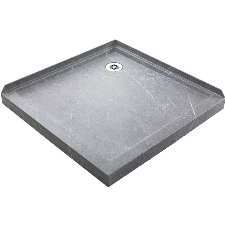 1000mm Square Shower Tray Corner Waste - Grey Marble Look