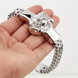 1pc Fashion Stainless Steel Domineering Lion Head Animal Bracelet Men's Trend Hip Hop Punk Rock Jewelry Gift
