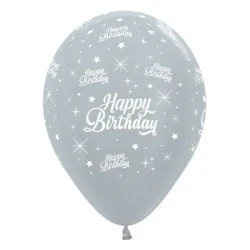 30cm Happy Birthday Silver Metallic 6PK Latex Balloons - Pack of 6