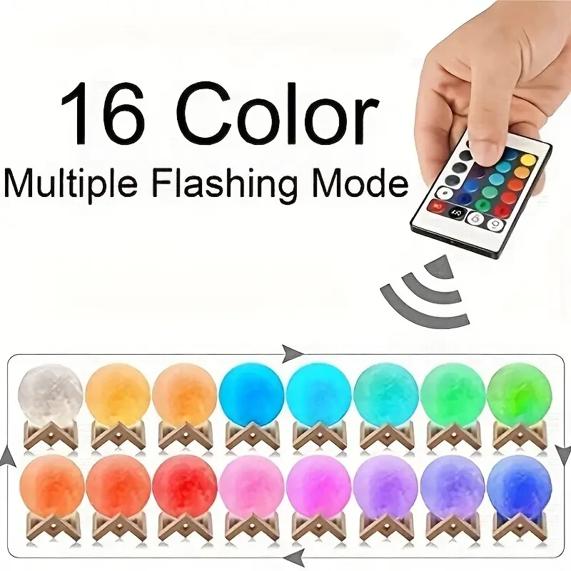 3D Printed Moon Lamp with Bracket and Remote Control - USB Plug-in, 16 Colors LED Night Light
