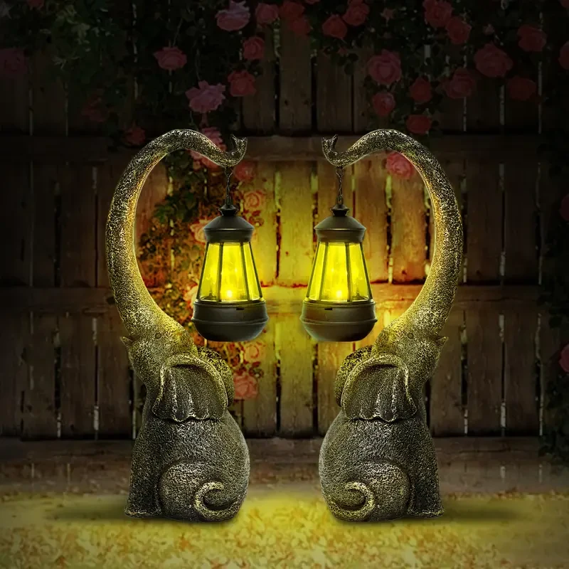 Solar-Powered Elephant Garden Statue - Resin Figurine with LED Light for Outdoor Decor