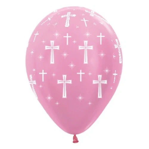 30cm Holy Cross Pink Satin Pearl Latex Balloons - Pack of 6