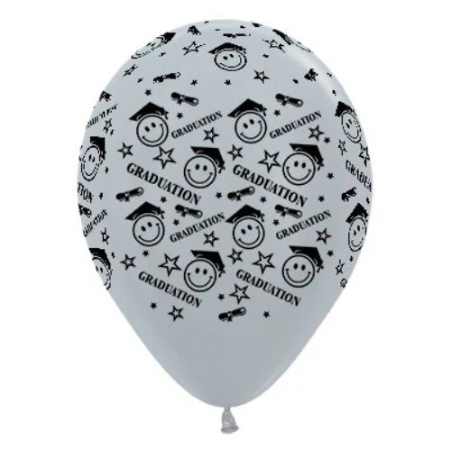 30cm Graduation Smiley Faces Silver Metallic - Pack of 6