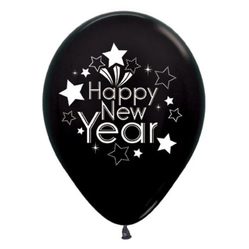 30cm Happy New Year Black Metallic - Pack of 6