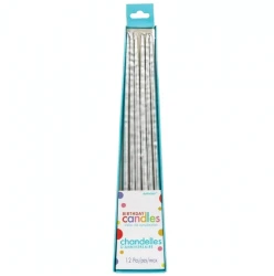 Silver Long Thin Taper Candles - Pack of (12)