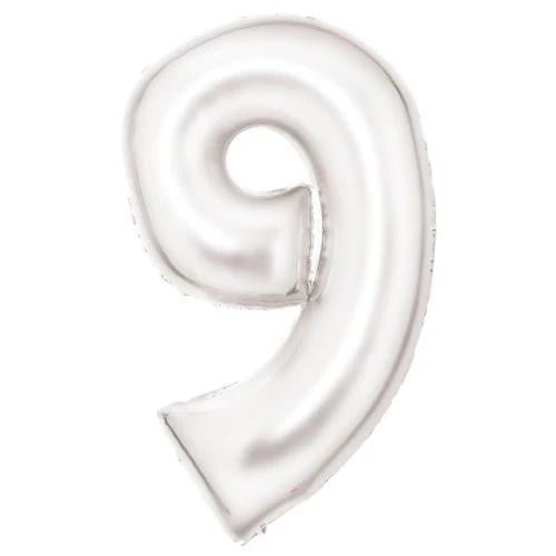 Large Number 9 Silk Lustre White Foil Balloon 57cm w x 91cm h