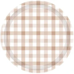 Gingham 17cm Paper Plate White Sand    - Pack of 8