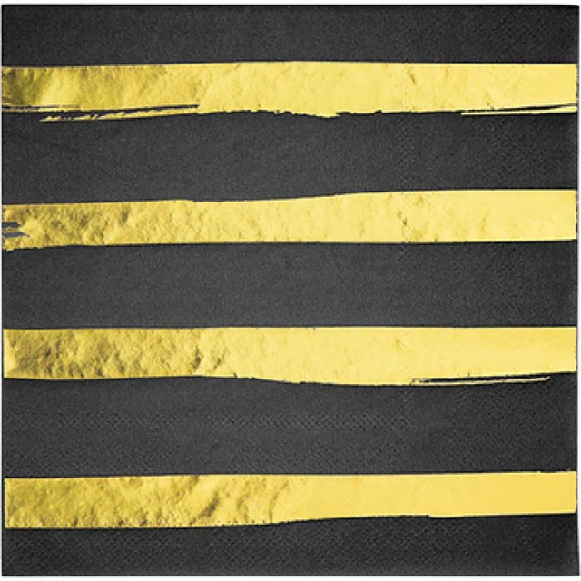 Touch Of Colour Black Velvet & Gold Foil Striped Lunch Napkins (Pack of 16)