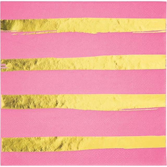 Touch Of Colour Candy Pink & Gold Foil Striped Lunch Napkins (Pack of 16)