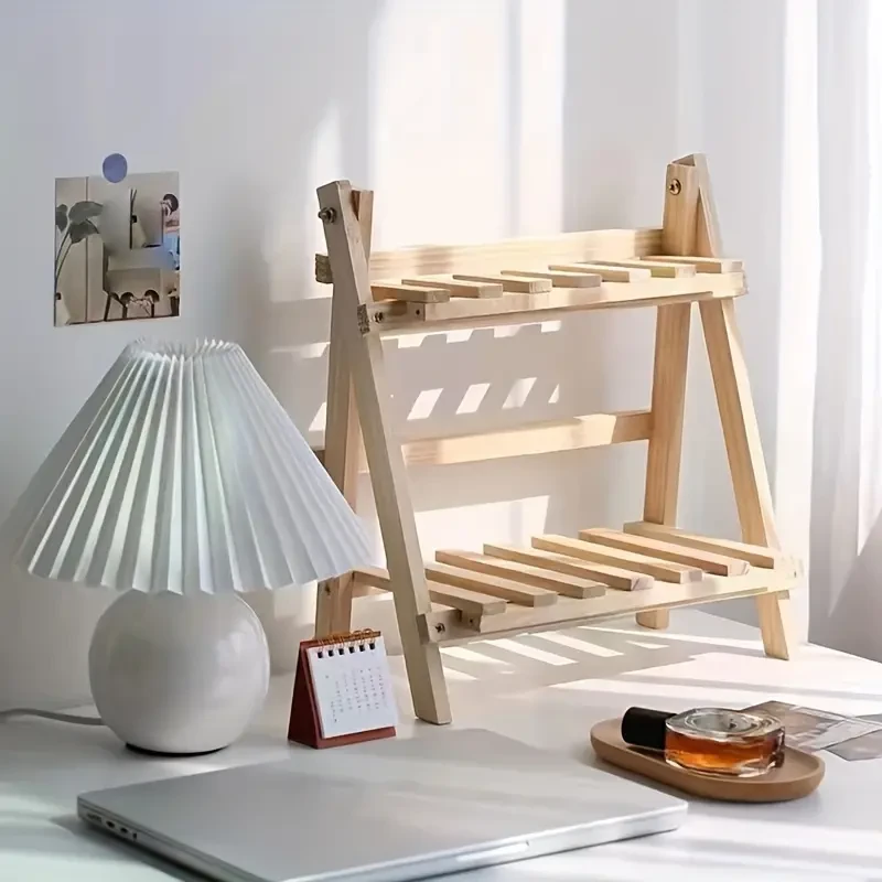 1pc Wooden Storage Shelf, 2-Tiers Desktop Organizer Shelves, Trapezoidal Desk Display Rack, Desktop Stationary Office Storage Rack, Stylish Decoration For Dorm, Home, School, Office, Etc Desk Storage Organization