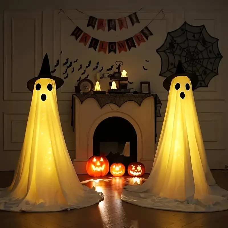 2 Pack Halloween Outdoor Decoration, Cute Halloween Interior, Ghost Halloween Decoration With Wizard Hat, Scary Ghost Decoration With String Lights, Perfect For Porch Yard Garden Home