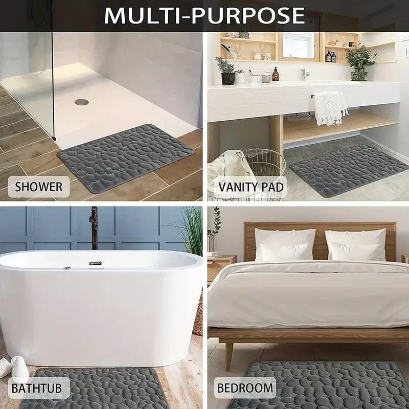 Non-Slip Memory Foam Bath Mat with Cobblestone Pattern – Quick Dry, Plush Polyester, Rubber Backing, Machine Washable Rug