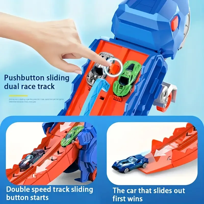 Dinosaur Ultimate Hauler Track Toy, Transport Dinosaur Truck With Foldable Sliding 25-Inch Race Track, Transforms Into Standing T-rex, Best Birthday Gifts Toys, Random Color Halloween Gift
