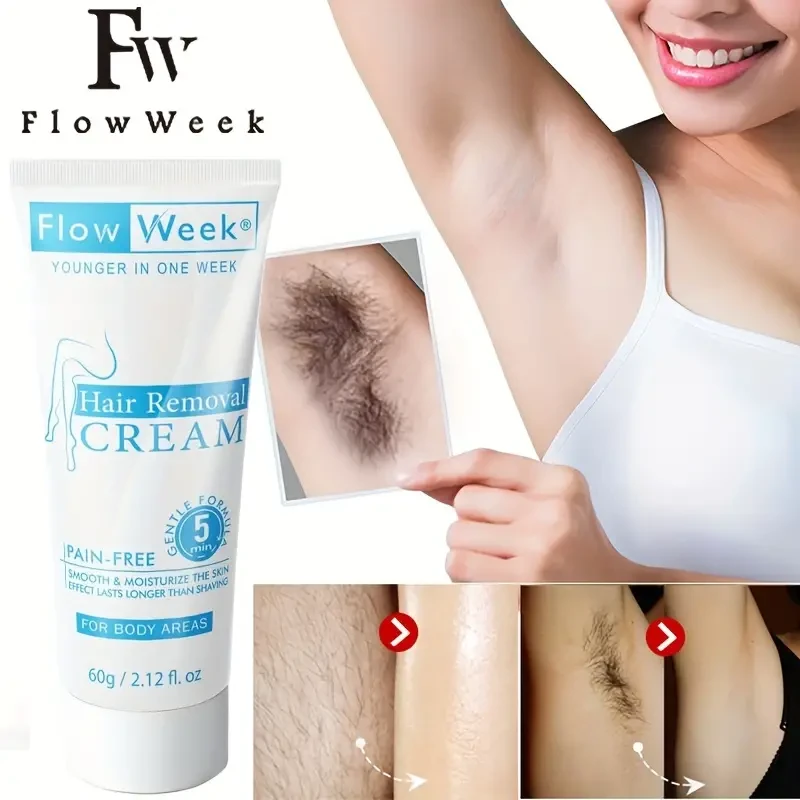 Flow Week Miracle Hair Removal Cream - Painless, Permanent & Quick-Acting Formula - Specially Designed for Sensitive Skin - Effortlessly Removes Underarm, Leg, & Beard Hair - Enjoy Smooth, Ingrown Hair-Free Skin - Ideal for All Skin Types