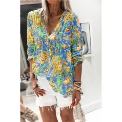 New Style Blouse Women Printing V-Neck Long-Sleeved T-Shirt Women