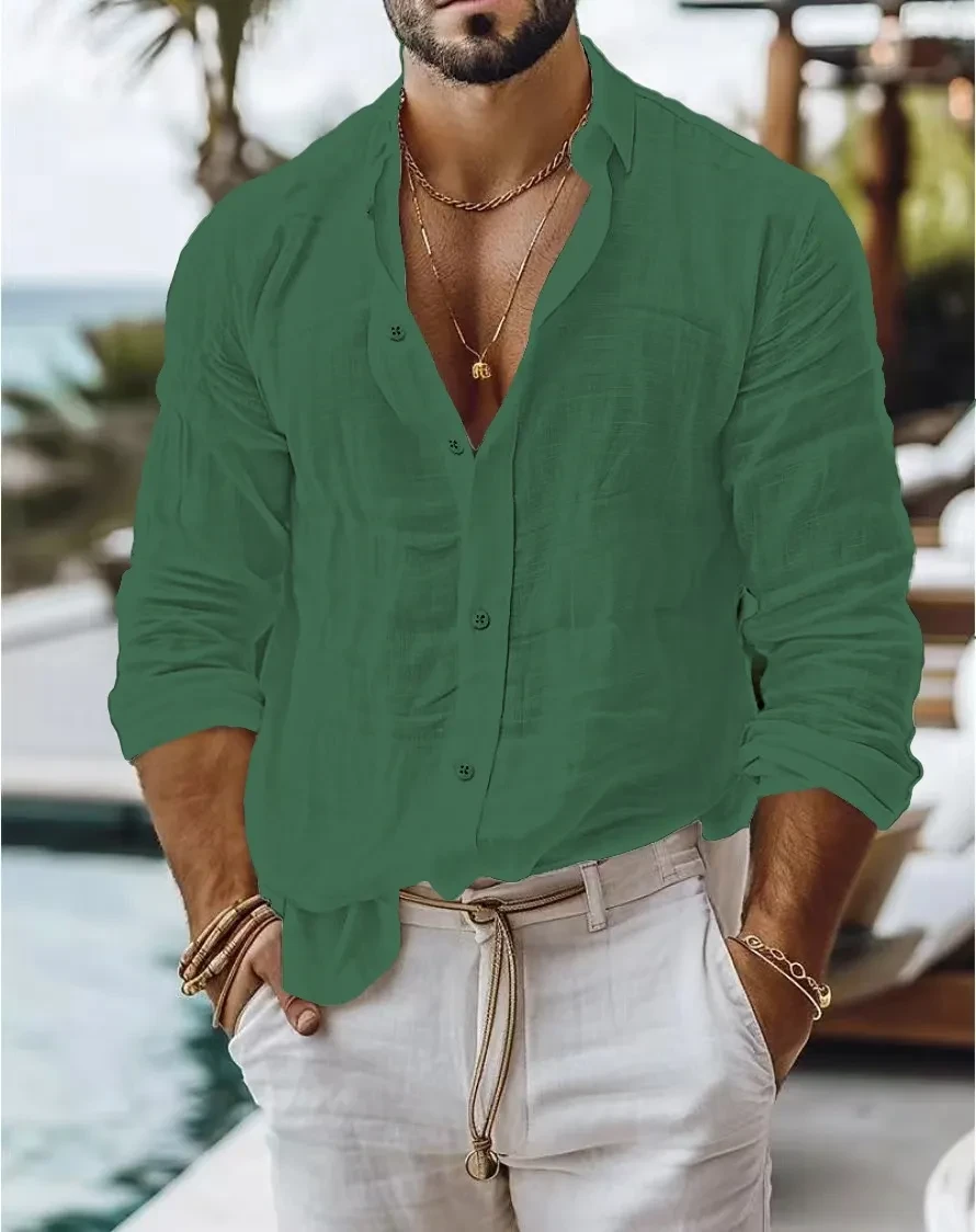 Solid Color Cotton Linen Shirt Casual Style Long Sleeve