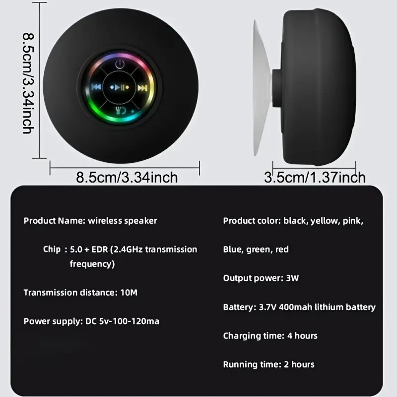 Portable Wireless Speaker with Suction Cup, USB Rechargeable