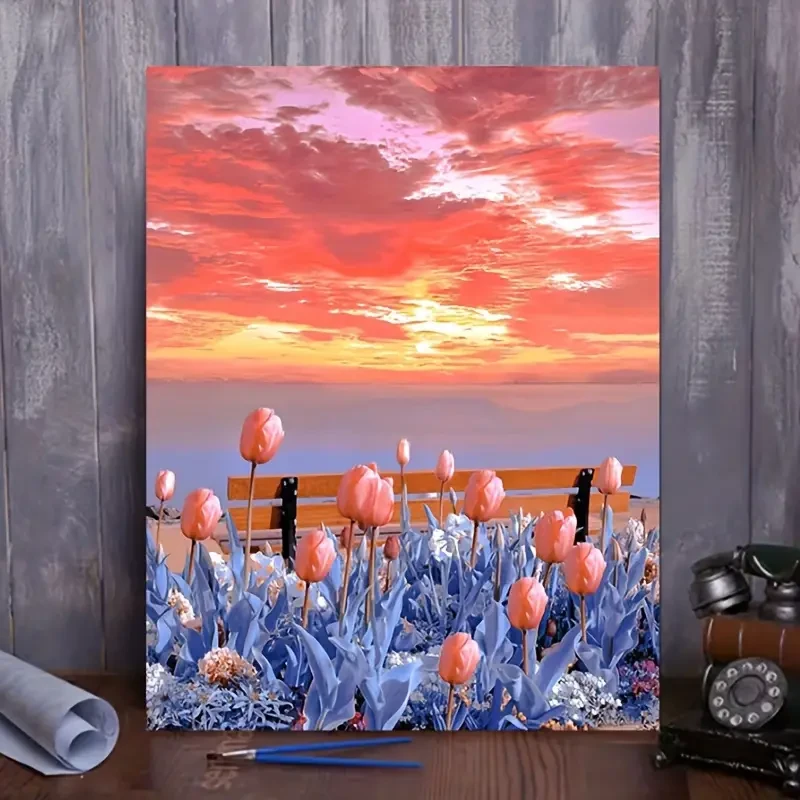 Paint By Number Kit on Canvas 40x50 cm with Wooden Frame – Glowing Tulips