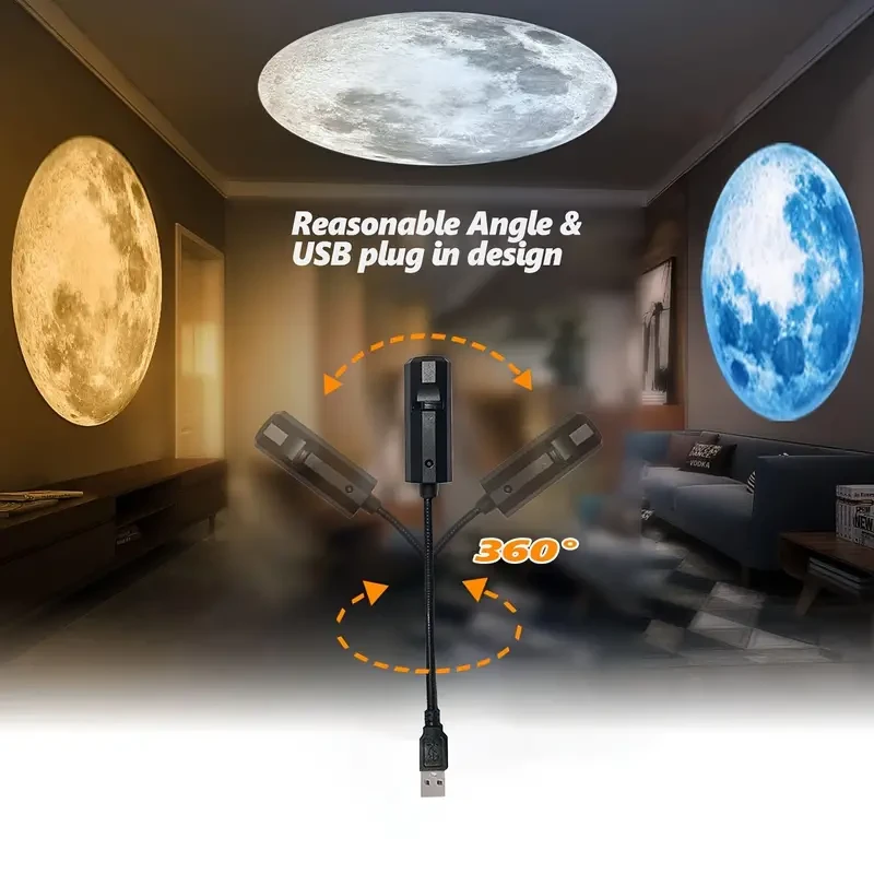 1pc LED Projector Light + 3 Color Moon Filaments - USB Portable, 360° Rotatable Decorative Light