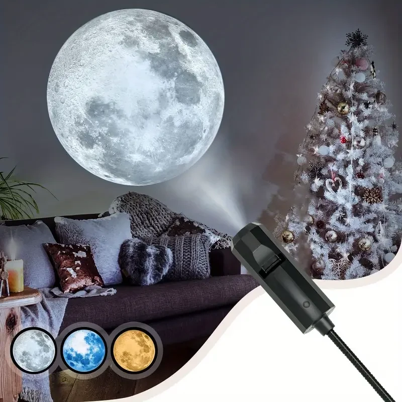 1pc LED Projector Light + 3 Color Moon Filaments - USB Portable, 360° Rotatable Decorative Light