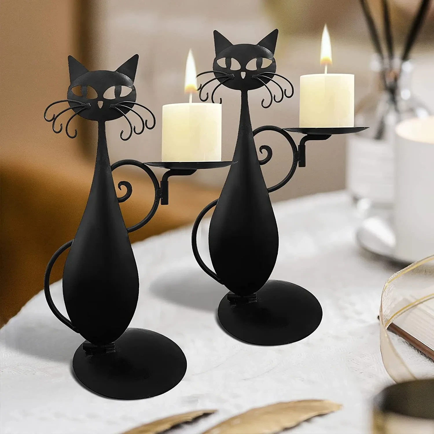 1pc Whimsical Black Metal Cat Candle Holder