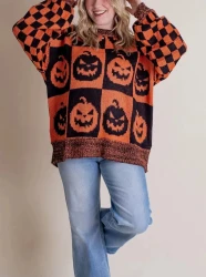 Halloween Cartoon Pumpkin Ghost Sweater Winter Loose Pullover Knitted Top Fashion Women's Clothing