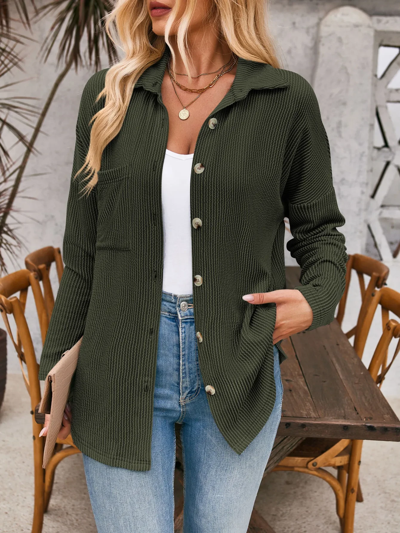 Striped Contrast Color Pocket Long Sleeve Shirt