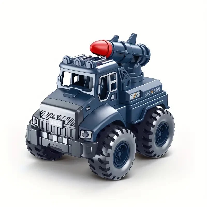 Push-Operated 4-Piece Mini Military Series Armored Vehicles Set with Missile and Rocket Launcher Models for Boys, Suitable for Ages 3-6 Years – Inertia Toy Trucks with No Wireless Features