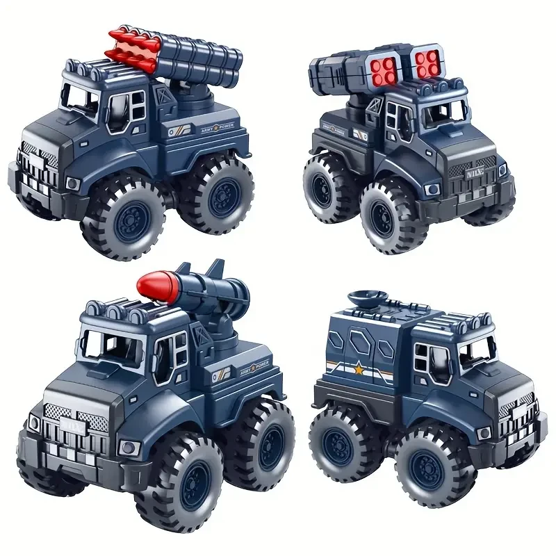 Push-Operated 4-Piece Mini Military Series Armored Vehicles Set with Missile and Rocket Launcher Models for Boys, Suitable for Ages 3-6 Years – Inertia Toy Trucks with No Wireless Features