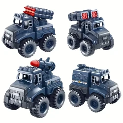 Push-Operated 4-Piece Mini Military Series Armored Vehicles Set with Missile and Rocket Launcher Models for Boys, Suitable for Ages 3-6 Years – Inertia Toy Trucks with No Wireless Features