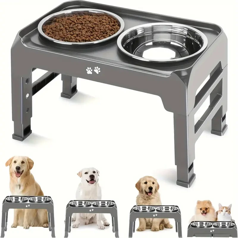 4-Height Adjustable Elevated Dog Bowls Stand – 2 Stainless Steel Bowls for Large & Medium Dogs