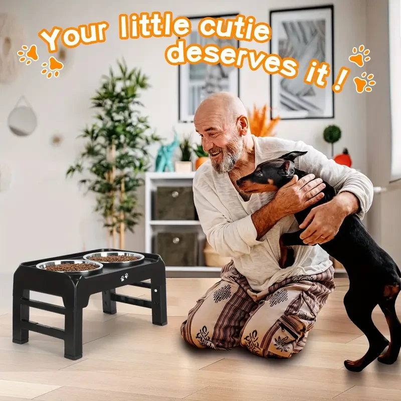 4-Height Adjustable Elevated Dog Bowls Stand – 2 Stainless Steel Bowls for Large & Medium Dogs