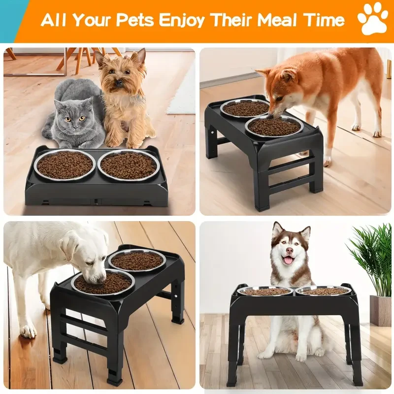 4-Height Adjustable Elevated Dog Bowls Stand – 2 Stainless Steel Bowls for Large & Medium Dogs