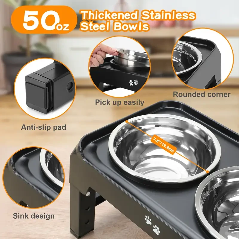 4-Height Adjustable Elevated Dog Bowls Stand – 2 Stainless Steel Bowls for Large & Medium Dogs