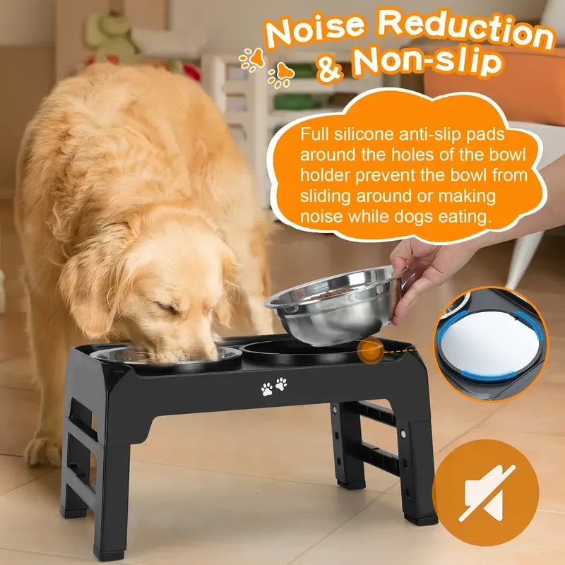 4-Height Adjustable Elevated Dog Bowls Stand – 2 Stainless Steel Bowls for Large & Medium Dogs