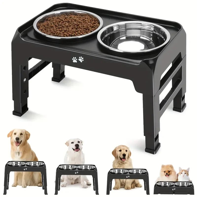 4-Height Adjustable Elevated Dog Bowls Stand – 2 Stainless Steel Bowls for Large & Medium Dogs
