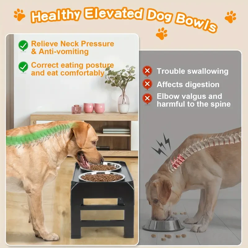 4-Height Adjustable Elevated Dog Bowls Stand – 2 Stainless Steel Bowls for Large & Medium Dogs