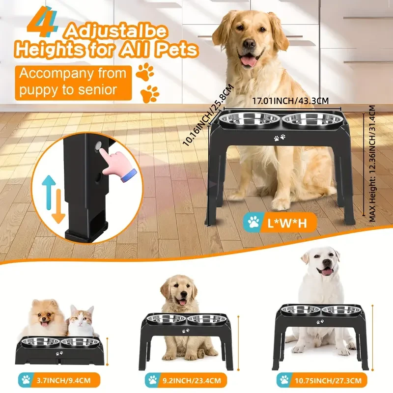 4-Height Adjustable Elevated Dog Bowls Stand – 2 Stainless Steel Bowls for Large & Medium Dogs