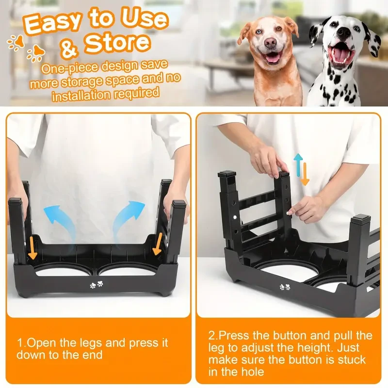 4-Height Adjustable Elevated Dog Bowls Stand – 2 Stainless Steel Bowls for Large & Medium Dogs